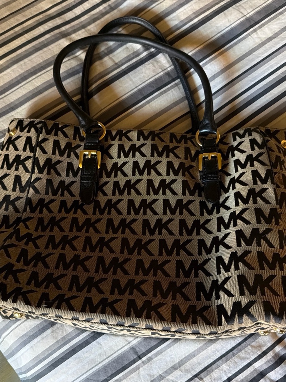Michael Kors Black and Beige MK Logo Tote with Leather Straps